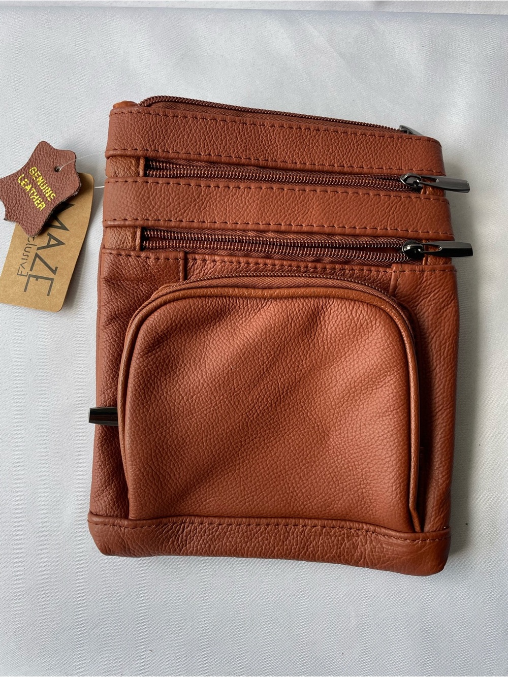 New Genuine Leather Brown Zippered Crossbody Bag